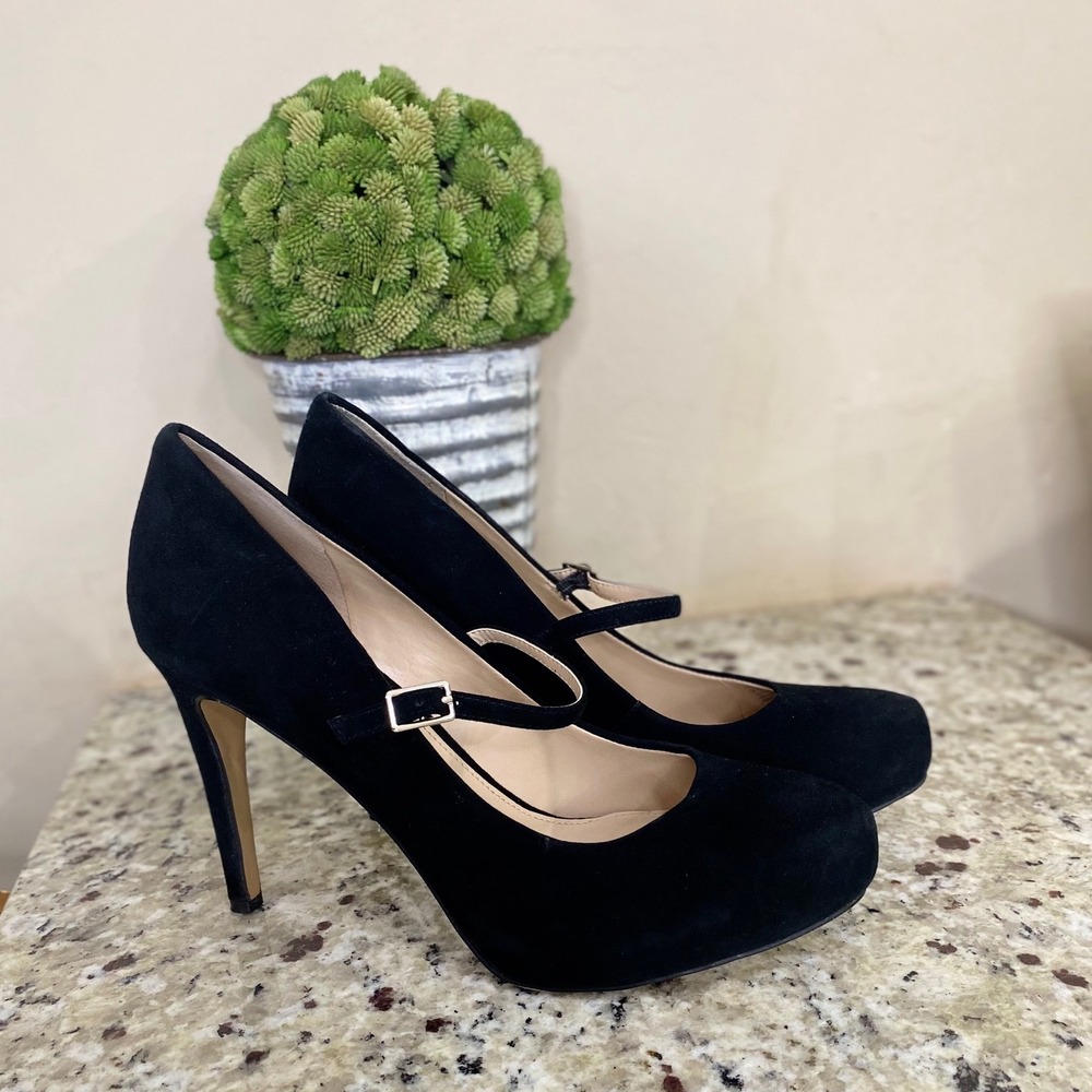 Vince Camuto Black Suede Mary Jane Pumps Stiletto Heels Size 9.5M 39.5